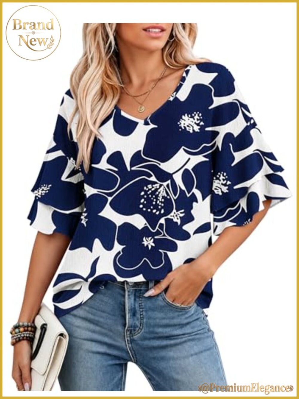 Ruffle Short Sleeve V-Neck Peasant Blouse Floral Casual Top